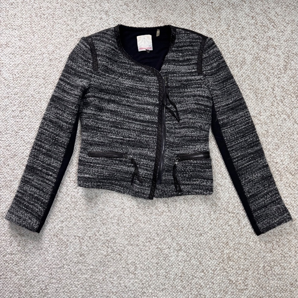Rebecca Taylor Tweed & Leather Trim Moto Jacket Women's Size 4 - Picture 1 of 9